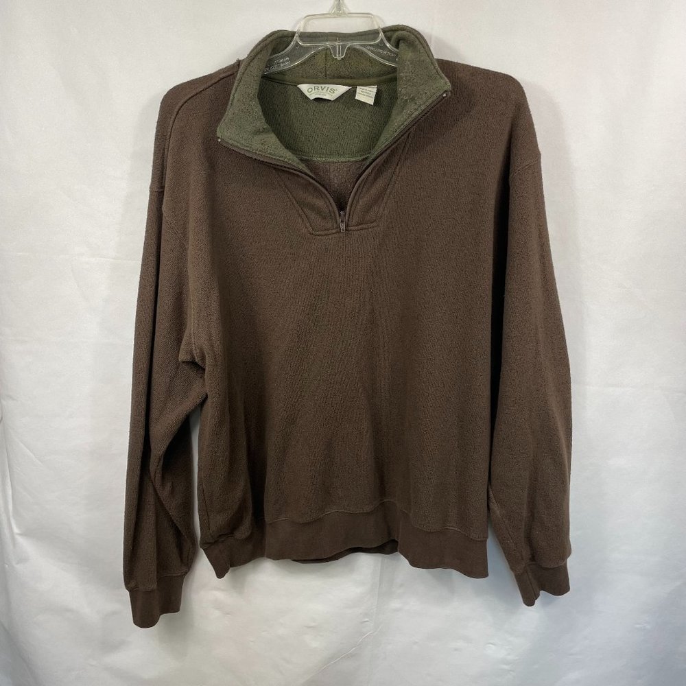 ORVIS Sporting Traditions XL 1/4 Zip Pullover Warm Fleece Sweater BROWN/GREEN